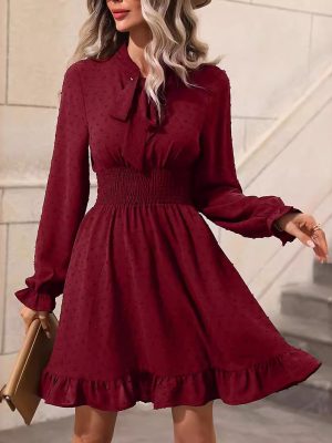 Women's   Solid Color Bow Tie Long Sleeve Dress