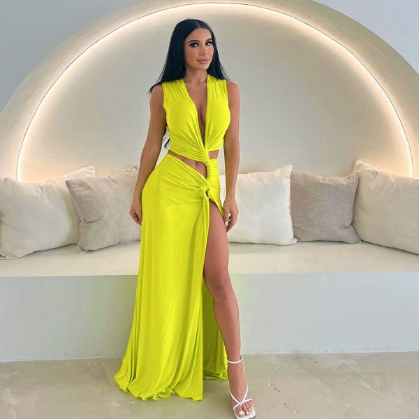 Women's Sexy Deep V Plunge Hollow Out Cutout Out Slit Slim Fitting Maxi Dress