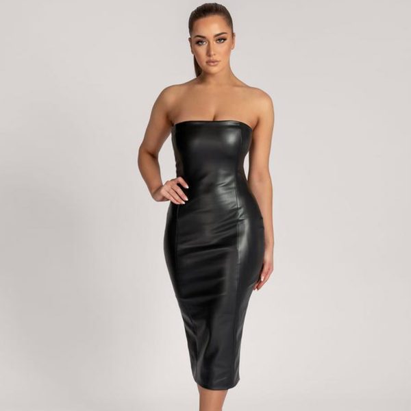 Women'sr Faux Leather Elegant Slim-Fit Tube Top Back Slit Sexy Midi Dress