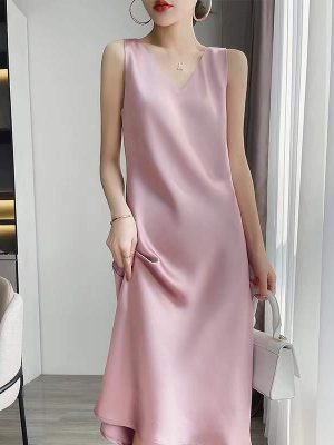 Women'sKorean Elegant Office Sexy Satin Light Luxury All Matching Slimming Midi Dress