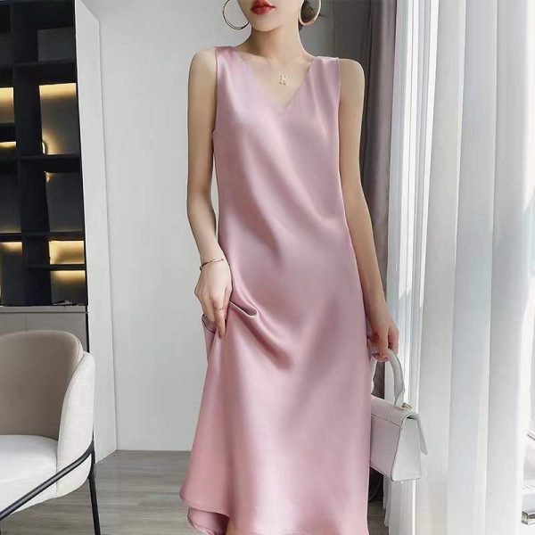 Women'sKorean Elegant Office Sexy Satin Light Luxury All Matching Slimming Midi Dress