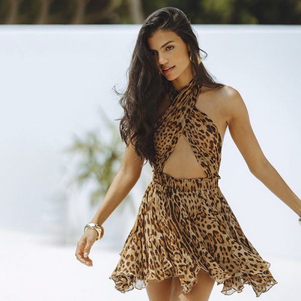 Women's  Leopard Print Halter Chiffon Sleeveless Backless Short Dress