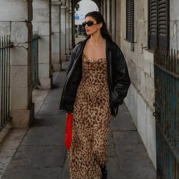 Women's V neck Tight Waist Leopard Print Backless Sling Dress