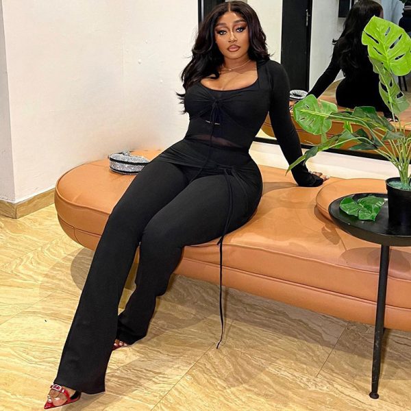 Women's Suit Two Piece Suit Mesh Stitching Long Sleeves Top Trousers Suits