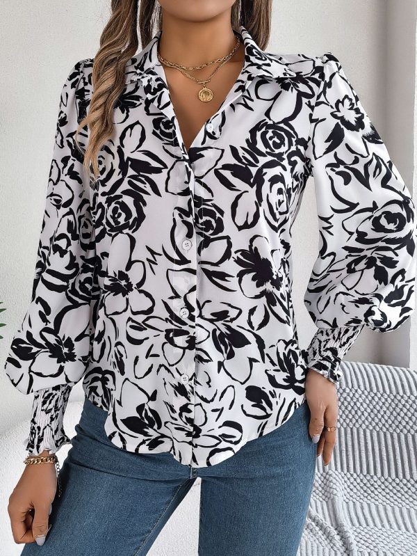 Women's Color Floral Lantern Sleeve Collared Shirt Women Clothing