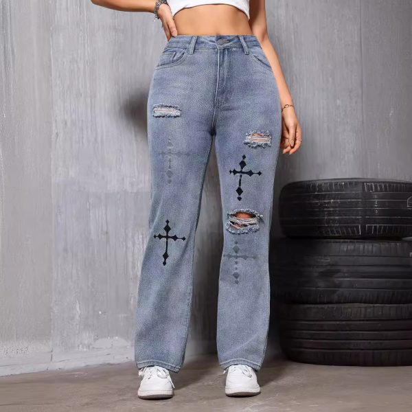 Women's Leg Denim Women Trousers Printed Ripped Street Fashionable Summer