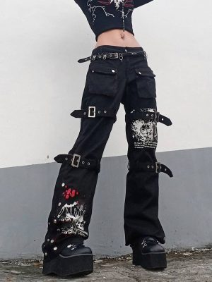 Women's  Early Autumn Printed Metal Buckle Denim Draped Pants