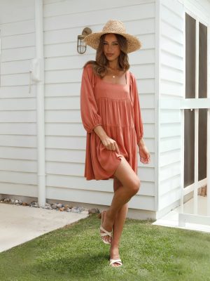 Women's Loose Spring Summer  Sleeve Solid Color Backless Dress Women