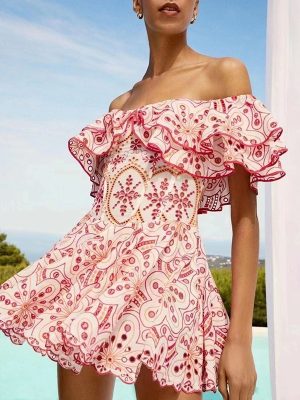 Women's Leaf Embroidered Waist Slimming Vacation Dress Slim Fit Slimming Dress