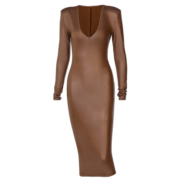 Women's Leather V-neck Long Sleeve Elegant Dress Women