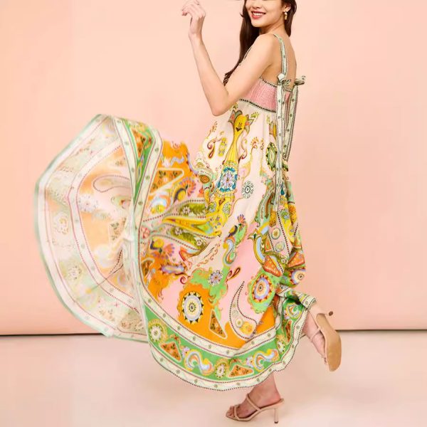 Women's Sling Graffiti Printing Sleeveless Bow Swing Cotton Linen Dress