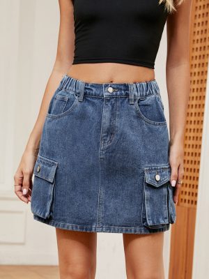 Women's  Clothing Washed Multi Pocket Denim Cargo Pants Short Skirt