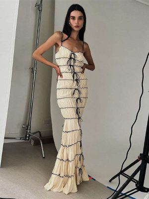 Women's  Pleated Lace Up Waist Trimming Spaghetti Straps Dress