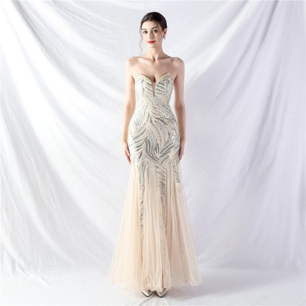 Women's Heavy Industry Beaded Stitching Mesh  Evening Dress