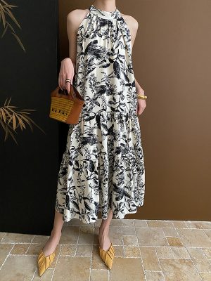 Women's Niche Designer Chinese Halter Ink Painting Floral Halter Sleeveless Dress