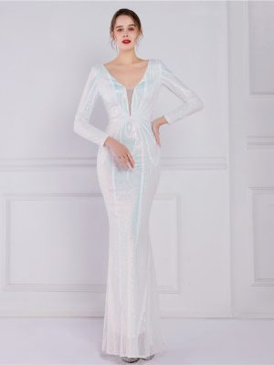 Women's Banquet Elegant Long Sleeve Sequined Queen Fishtail Dress