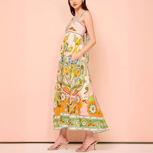 Women's Sling Graffiti Printing Sleeveless Bow Swing Cotton Linen Dress