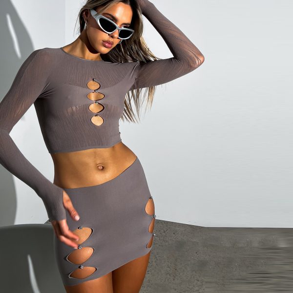 Women's Clothing Long-Sleeve Set Mesh Sheer Cutout Rhinestone Sexy Sexy Skirt Set