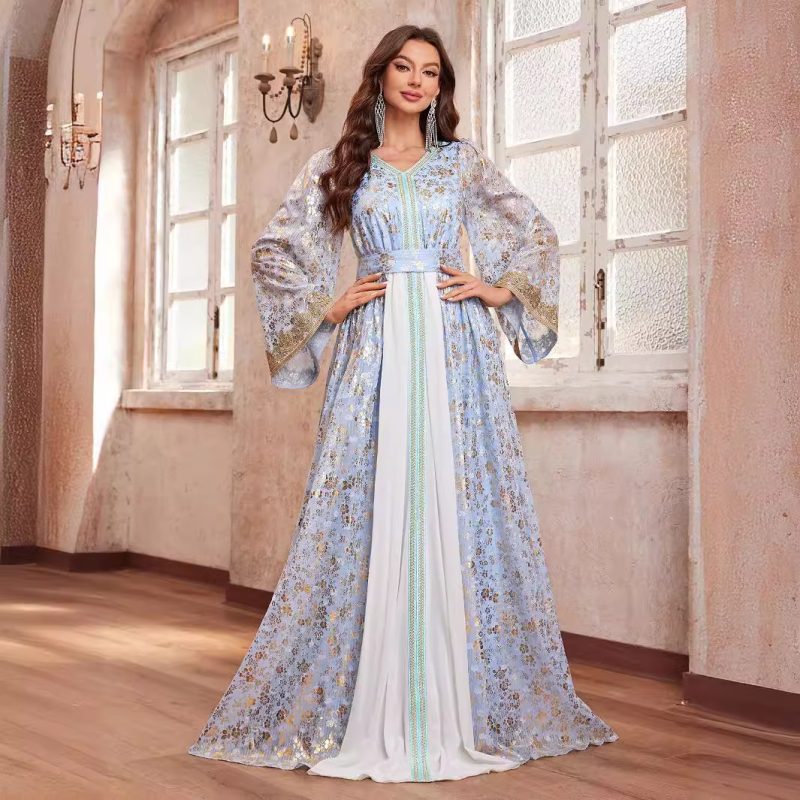 Women's Middle East Dress Printed V neck Long Sleeve Ethnic Dress