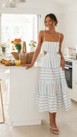 Women's Strap Cropped Outfit Lace up Striped Long Stitching Dress