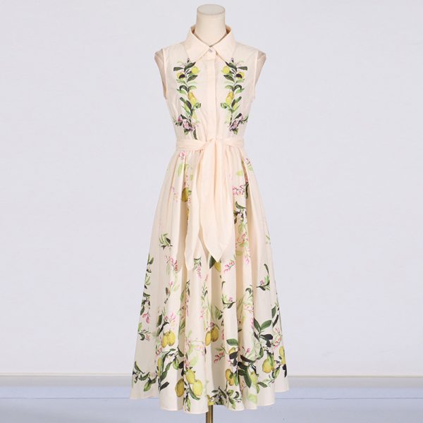 Women's  Lemon Printing Belt Waist Tight Dress