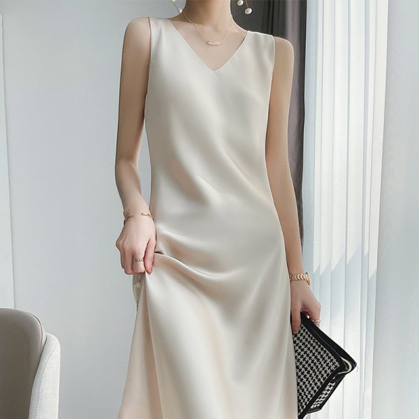 Women'sKorean Elegant Office Sexy Satin Light Luxury All Matching Slimming Midi Dress