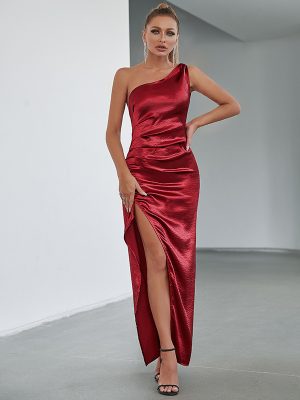 Women's  Bandeau Sexy Maxi Dress Pleated One Shoulder High Slit Evening Dress