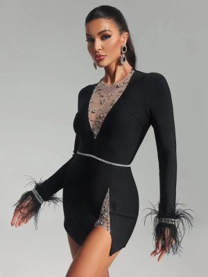 Women's Feather Long Sleeve Bandage Dress Ladies Party Party Dress