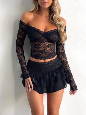 Women's Sexy Mach Lace Long Sleeved Top Cake Skirt Two Set