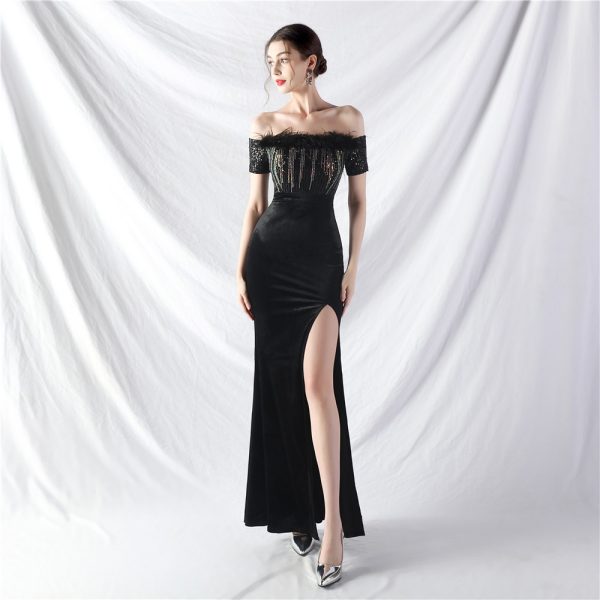 Women's Craft Order Ostrich Fur Velvet off Neck Evening Dress