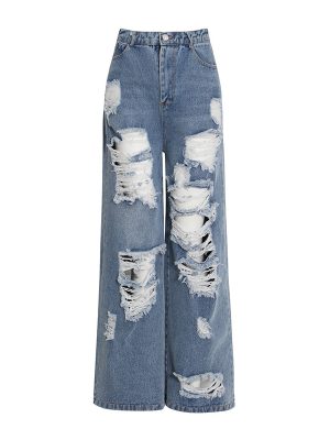 Women's  Ripped Wide Leg Pants Slimming Straight Mop Jeans for Women