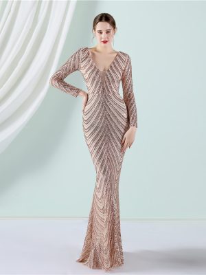 Women's Banquet Elegant Long Sleeve Sequined Queen Fishtail Dress