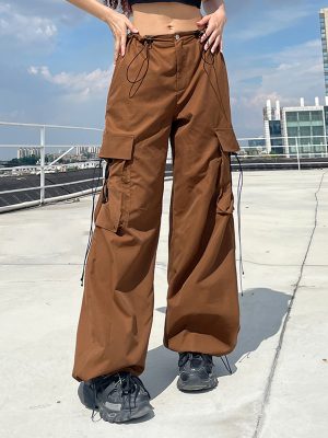 Women's Drawstring Waist Multi Pocket Loose  Straight Sexy Trousers