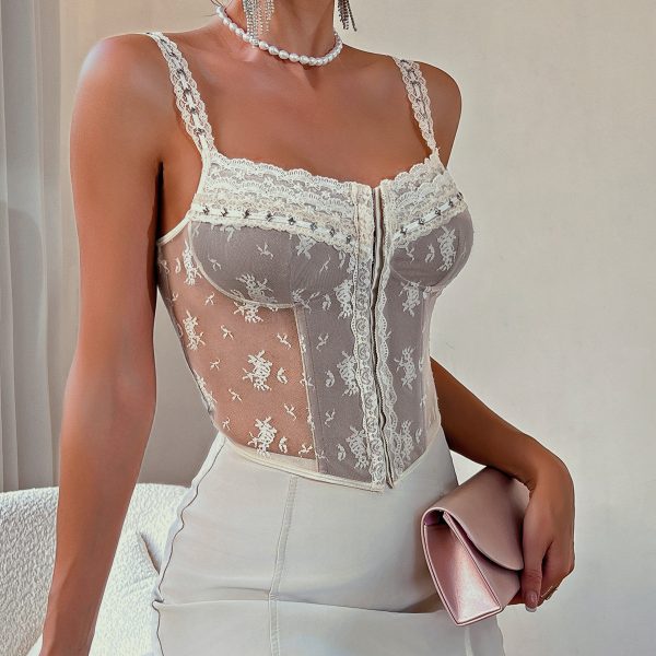 Women's French Sexy Strap Lace Stitching See Through Vest