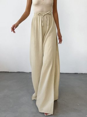 Women's All Matching Khaki Loose All Cotton Sexy Slit Trousers