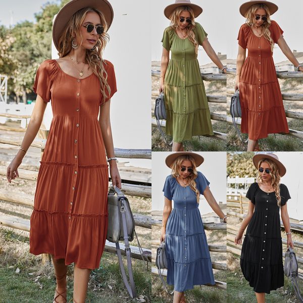 Women's Clothing Casual  Summer round Neck Solid Color Large Swing