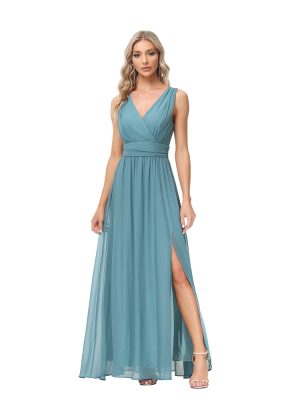 Women's Chiffon Maxi Dress  Sleeveless Swing Evening Dress Split Stretch Waistline Prom Gown