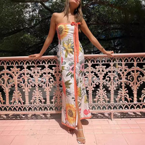 Women's Summer Sexy Split Wrapped Chest Printing Dress Women