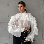 Women's French Mesh Small Stand Collar Pullover Layered Ruffled Shirt