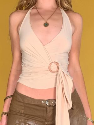 Women's  Sexy V neck Ring Adjustable Waist Halterneck Vest Backless Top Summer