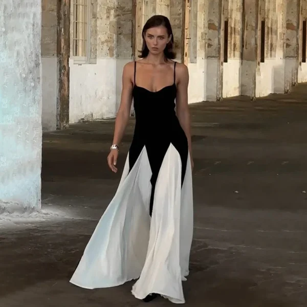 Contrast Color Suspender Maxi Evening Dress