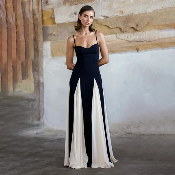 Contrast Color Suspender Maxi Evening Dress