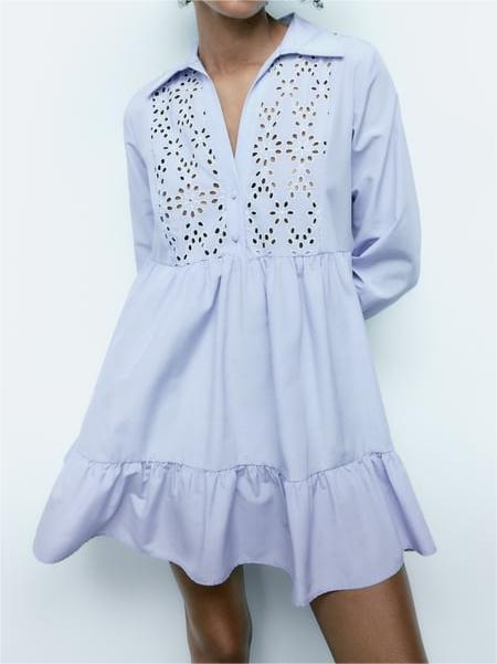 Women's Simplicity Blue Shirt Collared Ruffled Layered Loose Dress Women