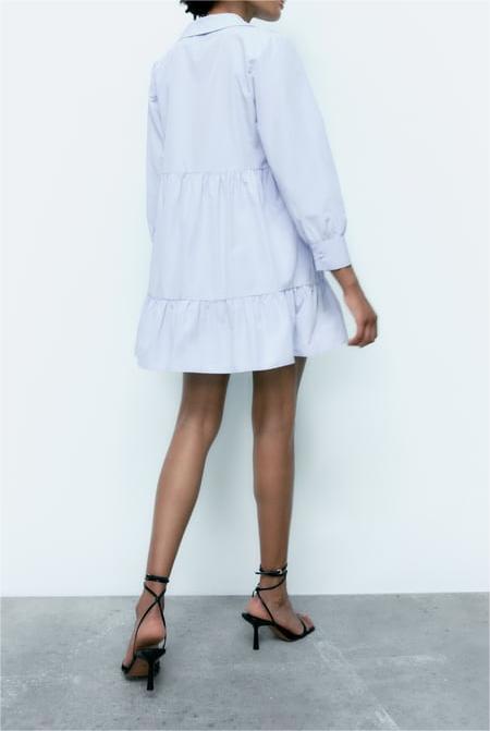 Women's Simplicity Blue Shirt Collared Ruffled Layered Loose Dress Women