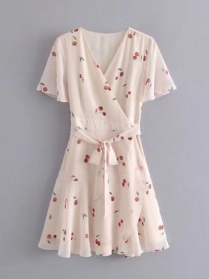 Women's Cherry Printed V neck Ruffled Blanket Dress