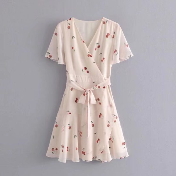 Women's Cherry Printed V neck Ruffled Blanket Dress