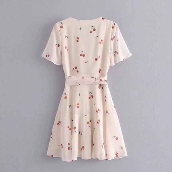 Women's Cherry Printed V neck Ruffled Blanket Dress