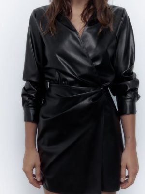 Women's Clothing Polo Collar Solid Color Faux Leather Waist Pleated Long Sleeve Dress Short Dress