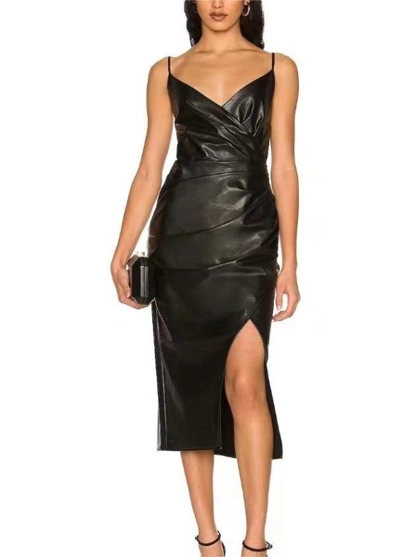 Women's Solid Color Wild Pleated Faux Leather Faux Leather Strap Dress