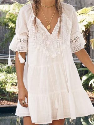 Women's Swing White Dress Collared Basic Women Dress